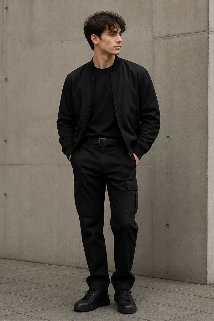 All-black outfit: matte black bomber jacket over a slightly textured black tee, black cargo pants with visible pocket flaps, and black low-top sneakers; a subtle belt sits at the waist.