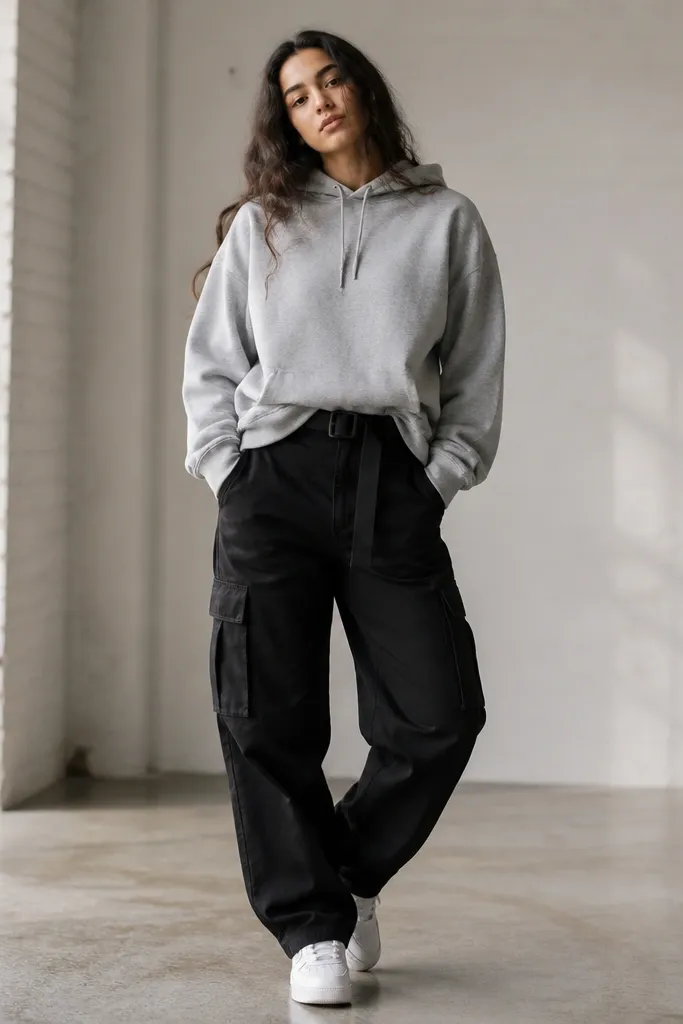 A heather gray hoodie worn with black cargo pants; a black web belt cinches the waist, and the hoodie hem is tucked slightly at the front; white sneakers complete the outfit.