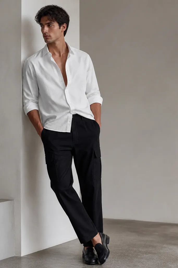 A white button-down with the top buttons undone and sleeves rolled, worn over black cargo pants; the shirt is half-tucked and paired with black loafers.
