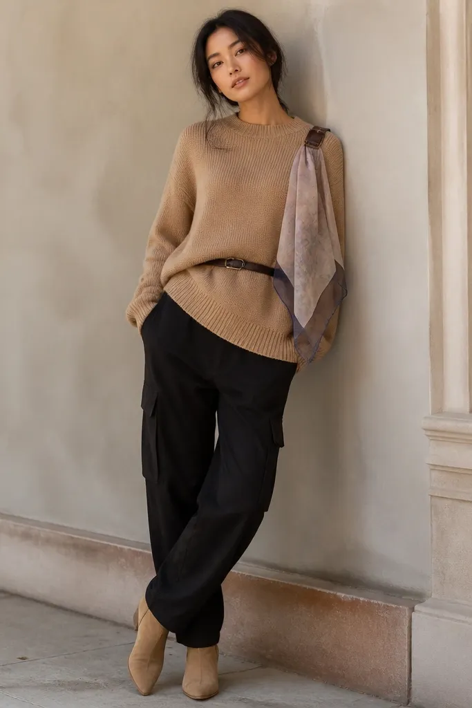 Black cargo pants styled with a camel knit sweater worn slightly oversized but cinched with a slim belt; a lightweight scarf is pinned at the shoulder with a clip; tan ankle boots visible.