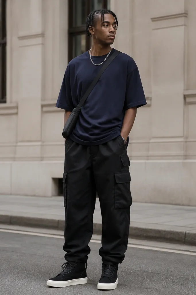 An oversized navy tee over black cargo pants, with the tee gathered slightly at the waist; high-top sneakers with white soles; a crossbody bag across the chest.