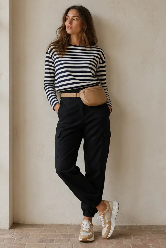 A navy-and-white striped long-sleeve Breton top tucked into black cargo pants; a tan belt bag worn at the waist; tan-and-white sneakers.