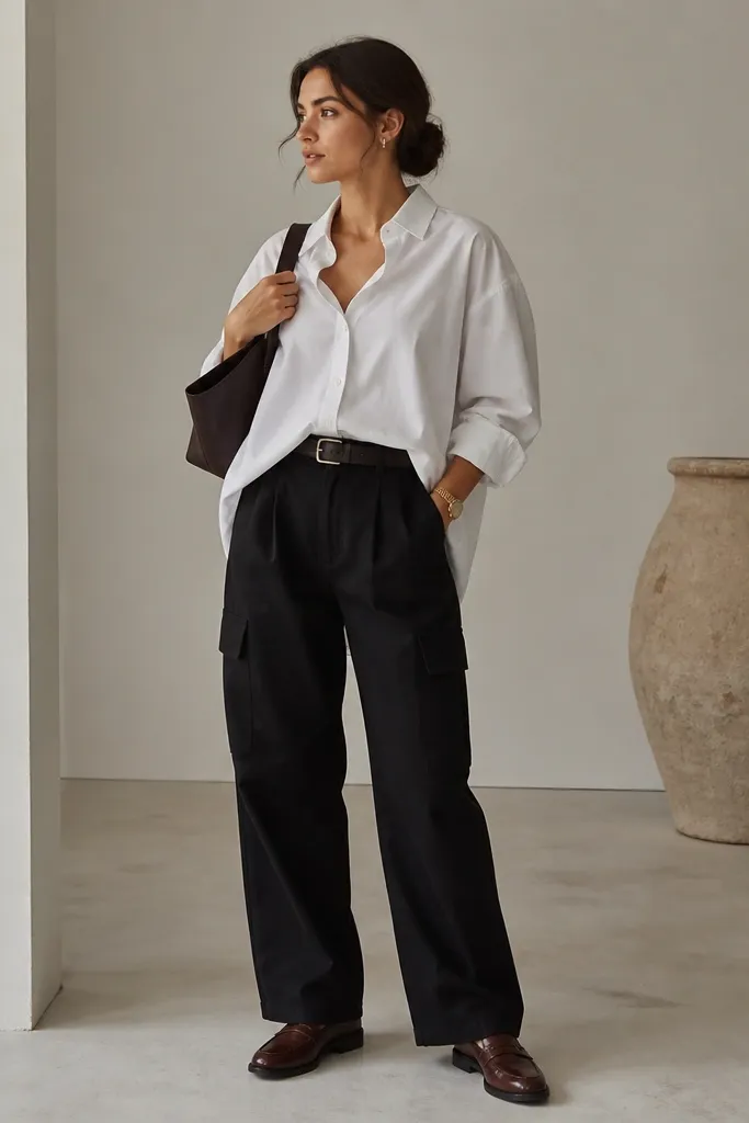 Black cargo pants with relaxed fit paired with an oversized white oxford shirt worn untucked. Brown leather loafers, a black leather belt, and a simple gold watch are shown.