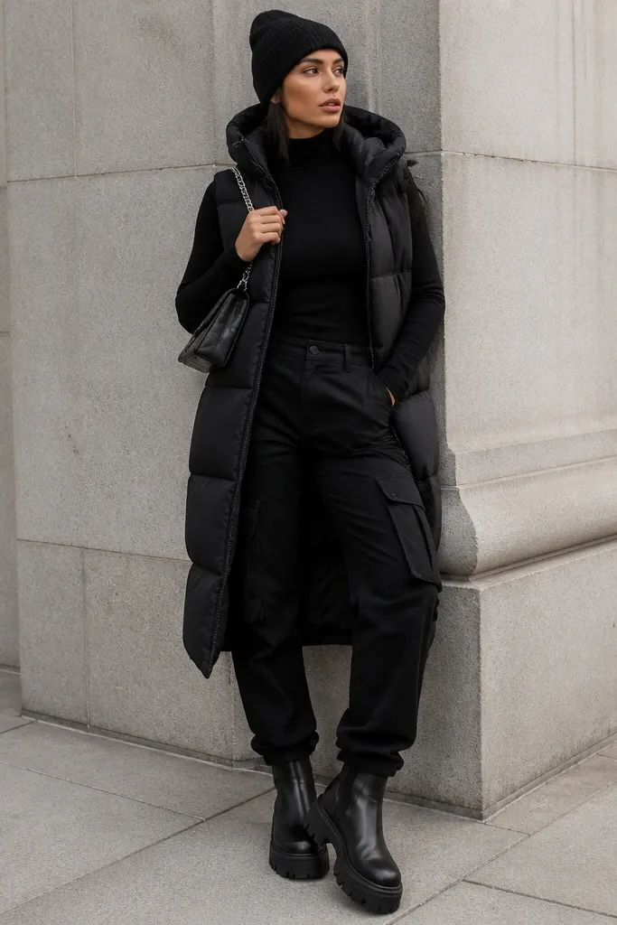 Model wearing black cargo pants, a fitted black turtleneck, and a longline black puffer vest. Dark beanie, chunky black boots, and a silver chain strap bag are visible.