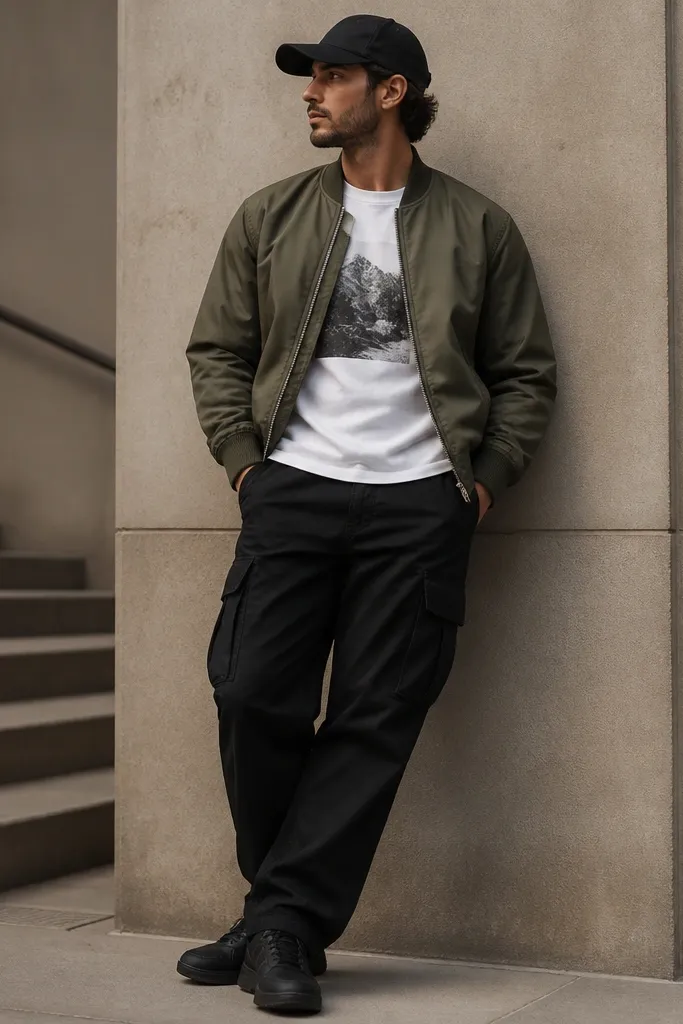 Black cargo pants paired with a white graphic tee. A lightweight olive bomber jacket sits over top, with black sneakers and a cap. Cargo pockets are clearly visible.