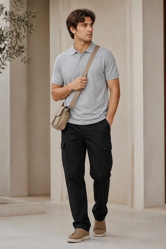 Black cargo pants styled with a heather-gray knit polo shirt. The polo has a clean collar and short sleeves. Beige-brown suede-style sneakers and a tan crossbody bag are shown.
