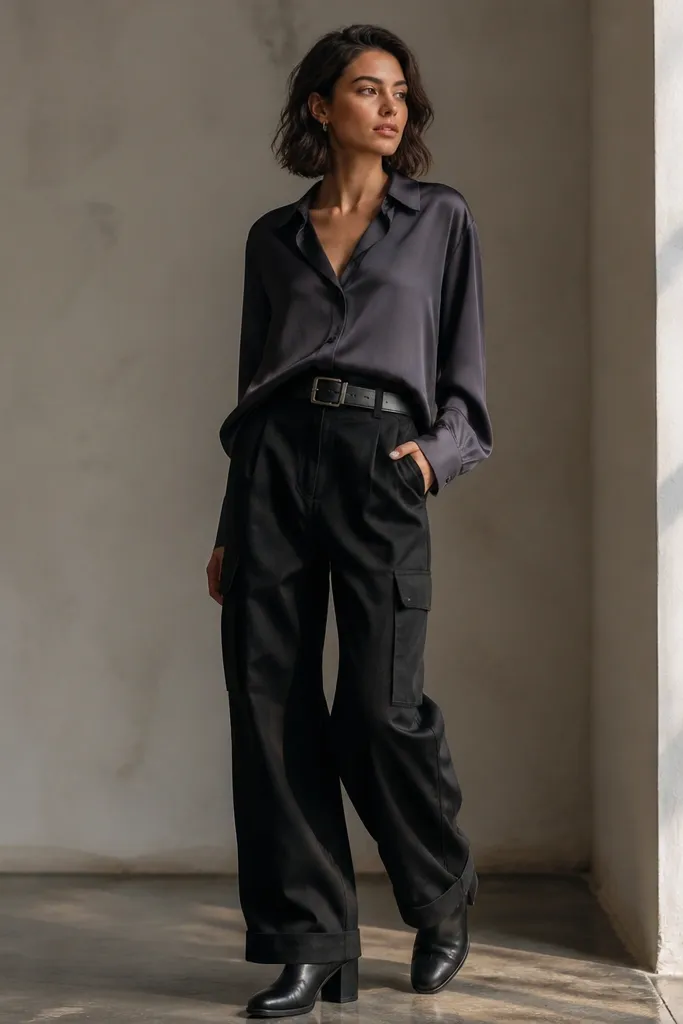 Black cargo pants with a structured black belt. A silky satin button-up in deep charcoal is half-tucked, showing the waistband. The model wears black ankle boots and small hoop earrings.