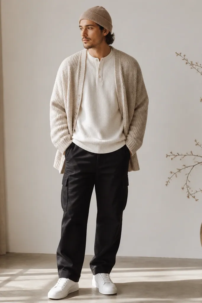 Black cargo pants with a thermal-like henley in off-white. An oversized oatmeal cardigan drapes over the shoulders. White sneakers and a simple knit beanie are shown.