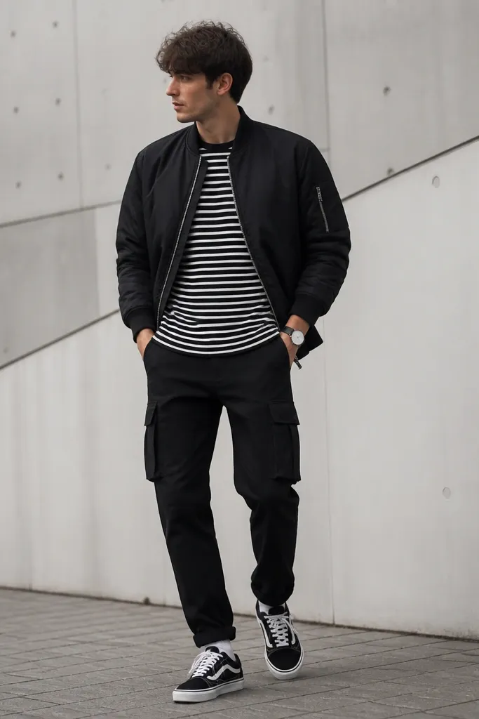 Black cargo pants paired with a black-and-white striped long-sleeve shirt. A black bomber jacket completes the look. The model wears black-and-white sneakers and a minimalist watch.