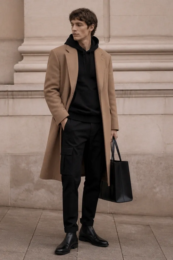 Black cargo pants with a matte black hoodie underneath a long camel overcoat. Black Chelsea boots and a structured tote are visible. The hoodie hem peeks out slightly at the waist.