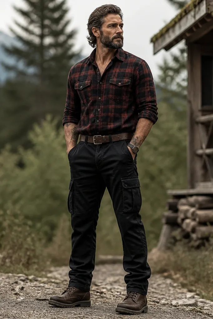Black cargo pants paired with a dark red and black flannel button-down. Sleeves are rolled to reveal forearms. The model wears rugged dark brown work boots and a leather belt.