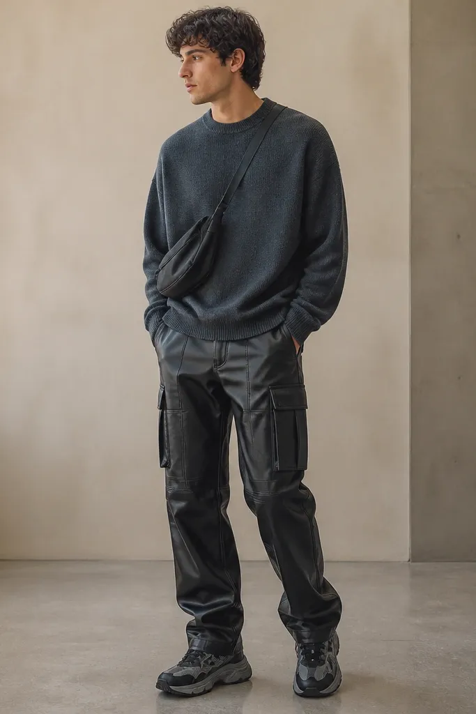 Black leather-look cargo pants paired with a charcoal crewneck sweater. The model wears chunky black-and-gray sneakers and a crossbody bag. Cargo pockets and seams are clearly defined.