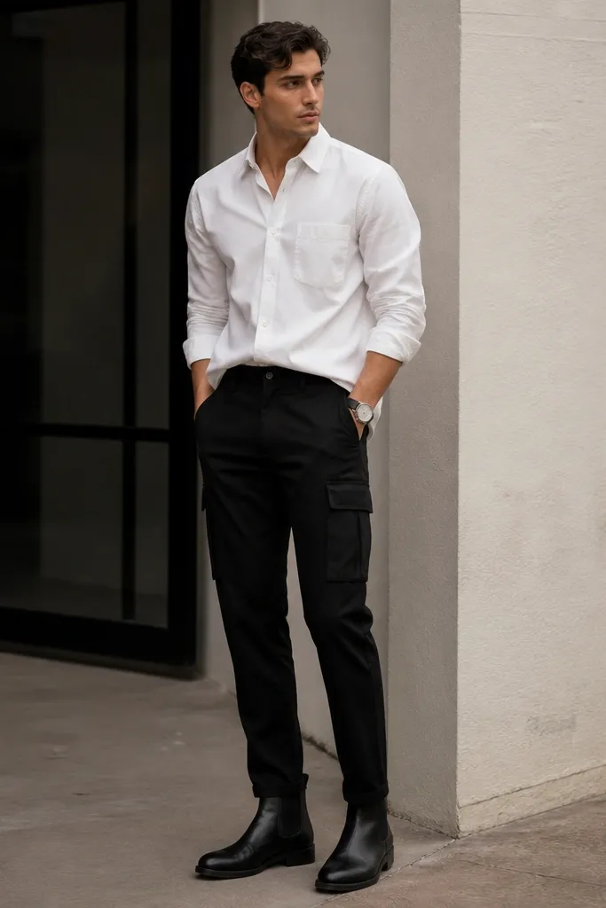 Close-to-mid shot of black cargo pants paired with a crisp white Oxford shirt half-tucked. Black leather Chelsea boots and a clean, minimal watch are shown; the shirt collar is neatly structured.