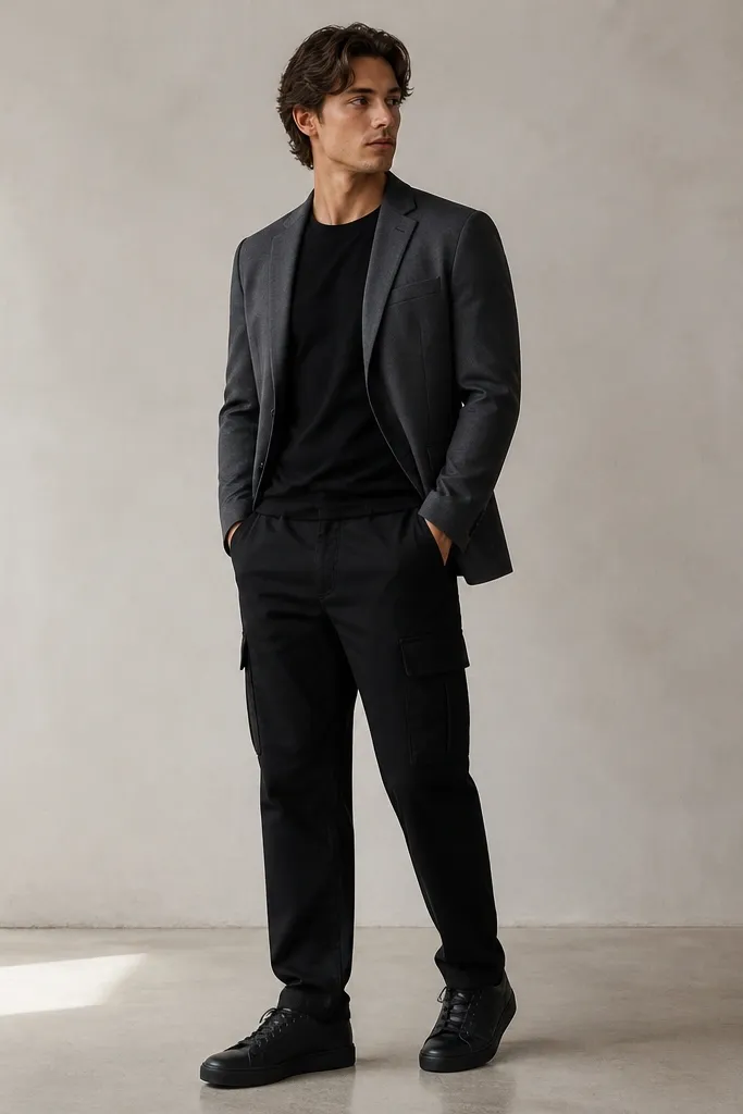 Full-body image of black cargo pants with a charcoal blazer worn open over a black crew tee. The blazer sleeves are tailored at the wrist; black low-profile sneakers finish the look.