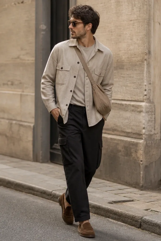 Outdoor street-style photo: black cargo pants with a sand overshirt layered over a neutral tee. Brown suede loafers are visible, with a small crossbody bag in a matching tan tone.