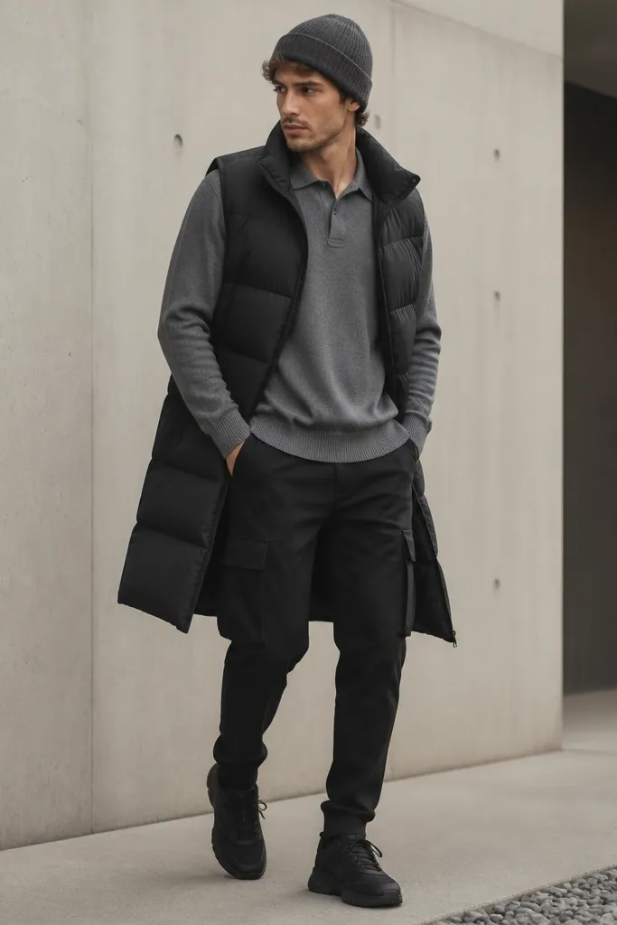 Model wearing black cargo pants with a slate-gray knit polo. A longline puffer vest hangs over the polo; the outfit includes black sneakers and a beanie in charcoal.