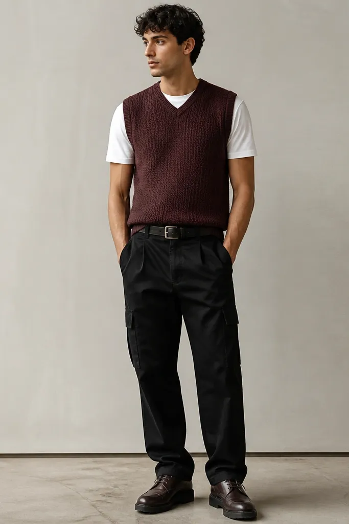 Studio-style photo: black cargo pants with a burgundy sweater vest over a crisp white tee. Dark leather lace-up shoes and a slim belt are shown; the sweater texture is clearly visible.