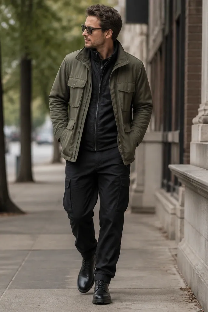 Street photo showing black cargo pants styled with an olive field jacket worn over a black bomber. The layers are aligned at the waist; black boots are visible and the jacket hems skim the hip.