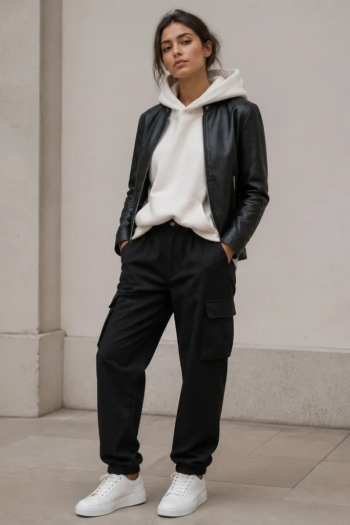 Casual luxe look: black cargo pants paired with an off-white hoodie tucked slightly at the front. A minimal black leather jacket with clean zippers sits on top; the shoes are simple white leather sneakers.
