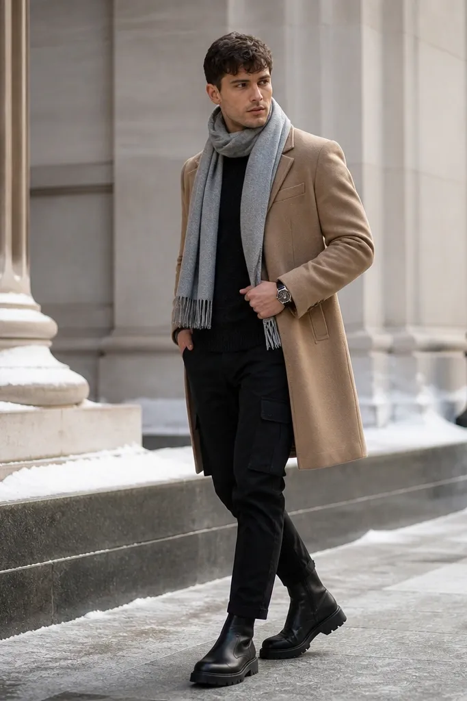 Elegant winter photo: black cargo pants with a camel topcoat and a light gray scarf draped neatly. The lighting shows the topcoat texture; black boots and a minimalist watch complete the outfit.