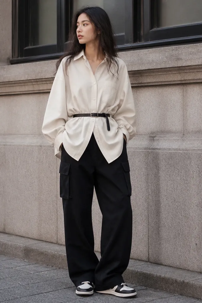 High-fashion casual photo: black cargo pants with a cream oversized shirt worn untucked but cinched at the waist with a slim black belt. Low-profile sneakers in black-and-white are visible; the shirt fabric hangs with structure.