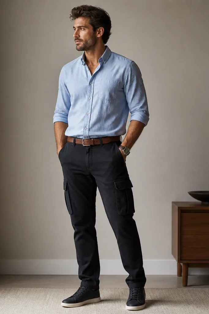 A man wearing black cargo pants with a light blue Oxford button-down shirt, sleeves rolled to mid-forearm, top button open. Brown leather belt and a watch are visible; shoes are dark sneakers. Background is a simple indoor setting.