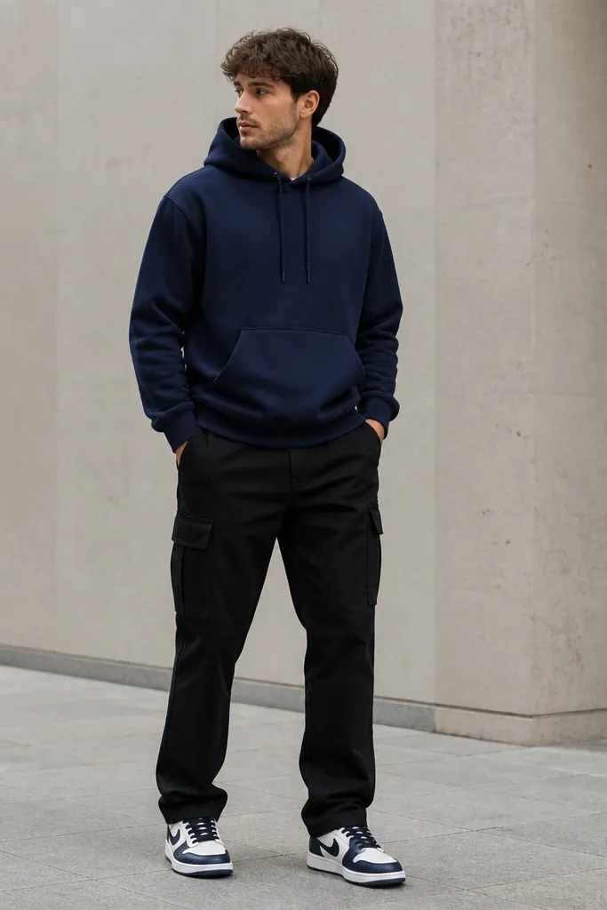 A man in black cargo pants wearing a navy pullover hoodie, with the hoodie hem slightly covering the waistband. White and navy sneakers complete the look; the hoodie strings and pocket seams are clearly visible.