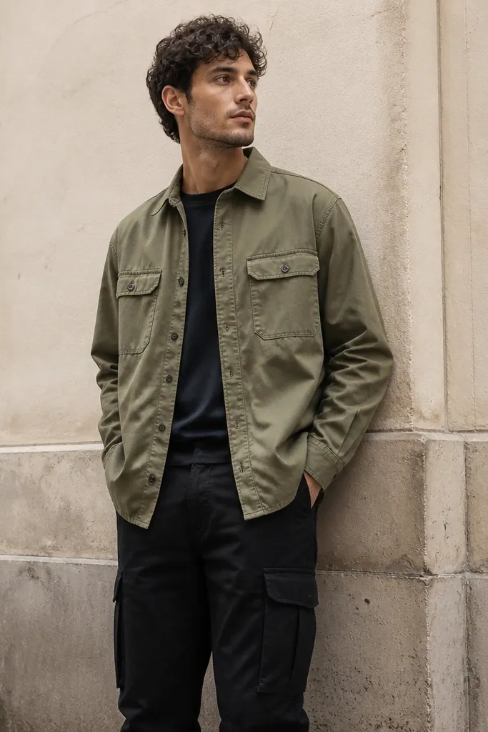 A man wearing black cargo pants with an olive overshirt layered over a dark tee. The overshirt has flap chest pockets and a button front; the look is photographed against an outdoor wall with a casual street vibe.