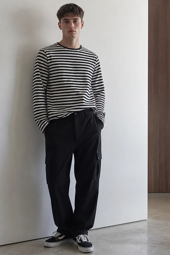 A man in black cargo pants wearing a black-and-white striped long-sleeve shirt, slightly tucked at the front. He wears black-and-white sneakers. Close-up shows the stripe pattern aligning with the body.