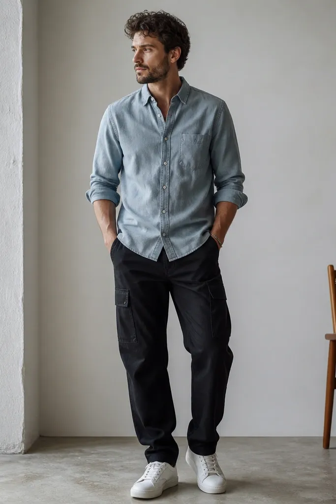 A man in black cargo pants wearing a light chambray button-down (blue-gray) with the sleeves rolled. He wears white sneakers; the cargo pocket flaps and stitching are visible.