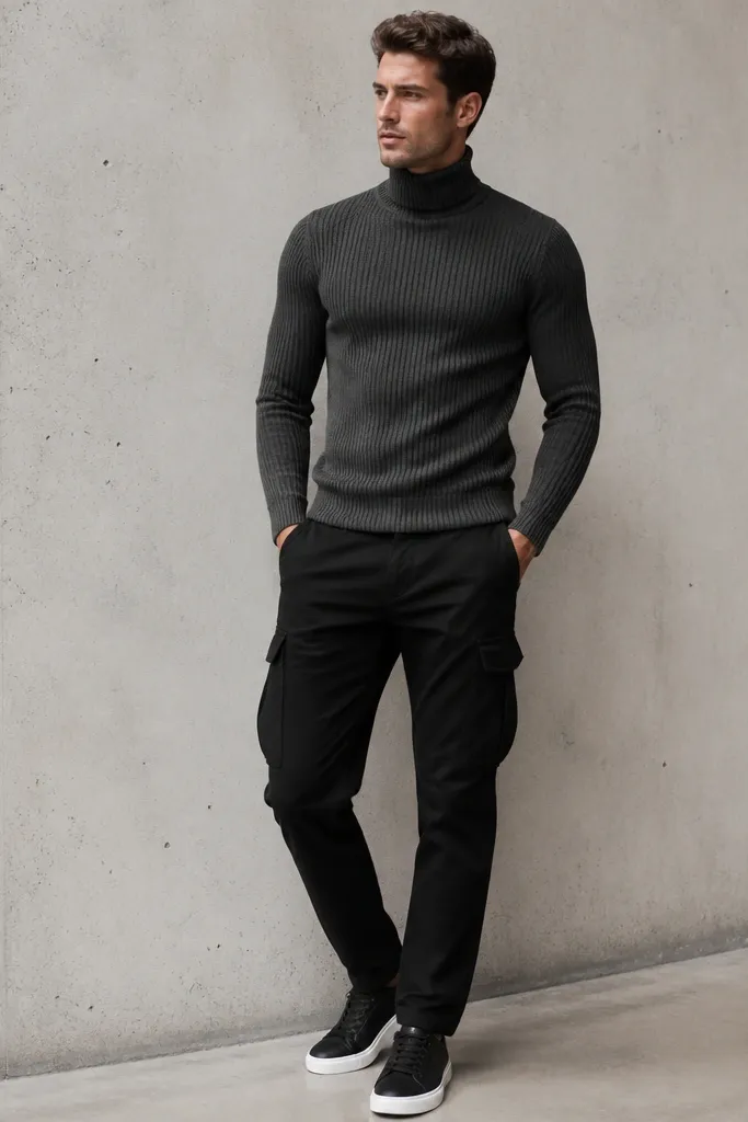 A man wearing black cargo pants with a charcoal ribbed turtleneck, fitted through the torso. He wears sleek black trainers with white soles. The turtleneck height and ribbing are clearly shown.