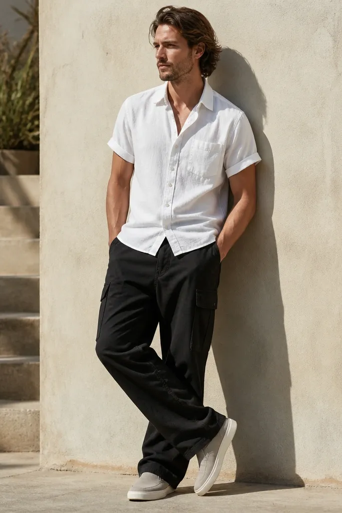 A man in black cargo pants wearing a white short-sleeve button-up shirt, collar open and sleeves slightly cuffed. He wears light gray slides or low sneakers; bright daylight shows fabric weave.