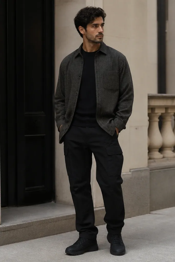 A man wearing black cargo pants with a muted patterned overshirt (small check or micro-geo) over a solid black or dark tee. Dark boots or sneakers are visible; the print stands out clearly.