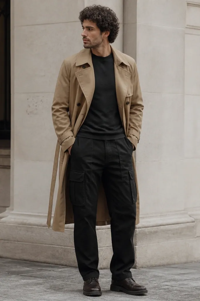 A man wearing black cargo pants with a camel or tan trench coat layered over a dark tee. He wears dark leather boots; the trench belt and coat lapels are visible.