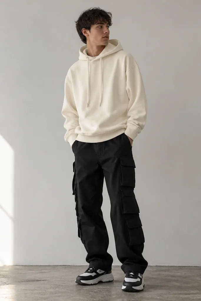 A model in black cargo pants with a cream pullover hoodie, drawstrings visible, wearing black-and-white trainers with a slightly chunky sole.