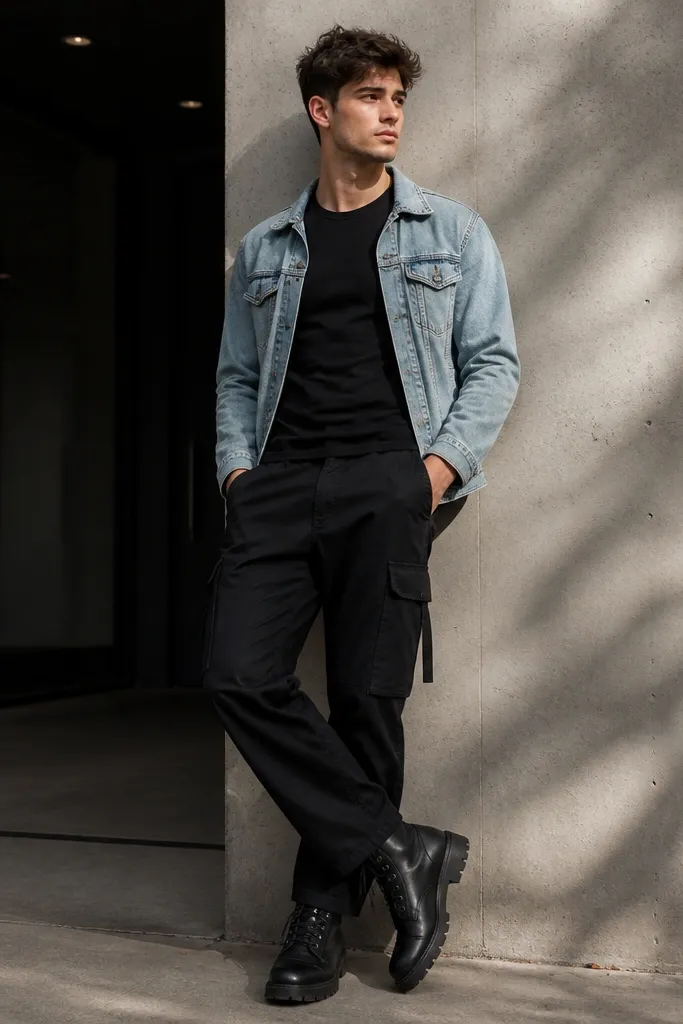 Black cargo pants styled with a light wash denim jacket worn open over a black fitted T-shirt, paired with black boots.