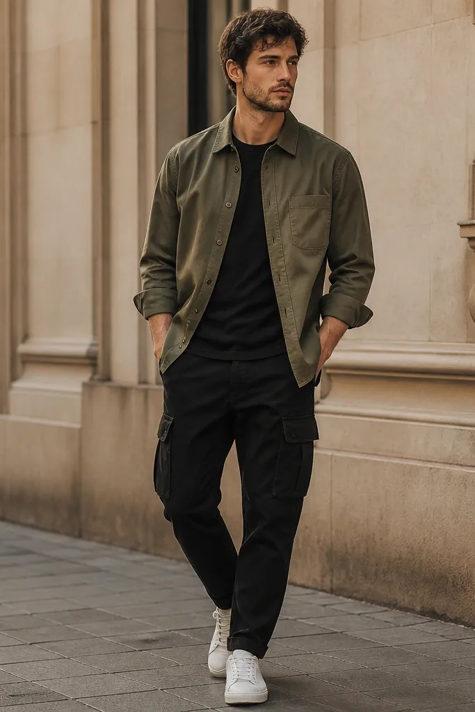 A warm-toned outfit: black cargo pants with an olive button-up overshirt, sleeves slightly rolled, and white sneakers.