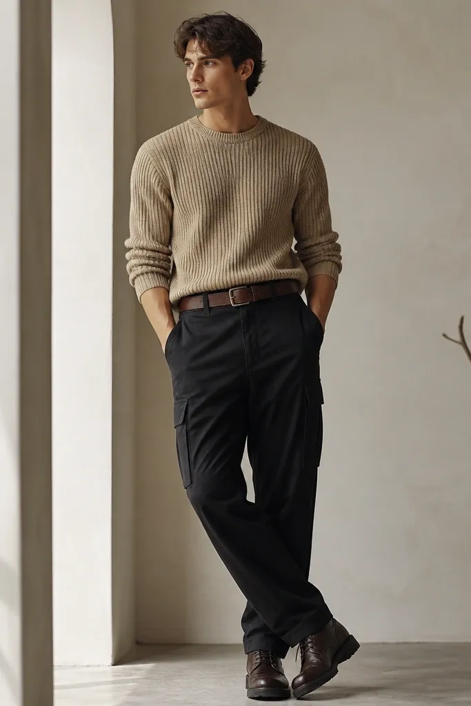 Black cargo pants paired with a tan ribbed knit sweater, a brown leather belt, and dark brown lace-up shoes.