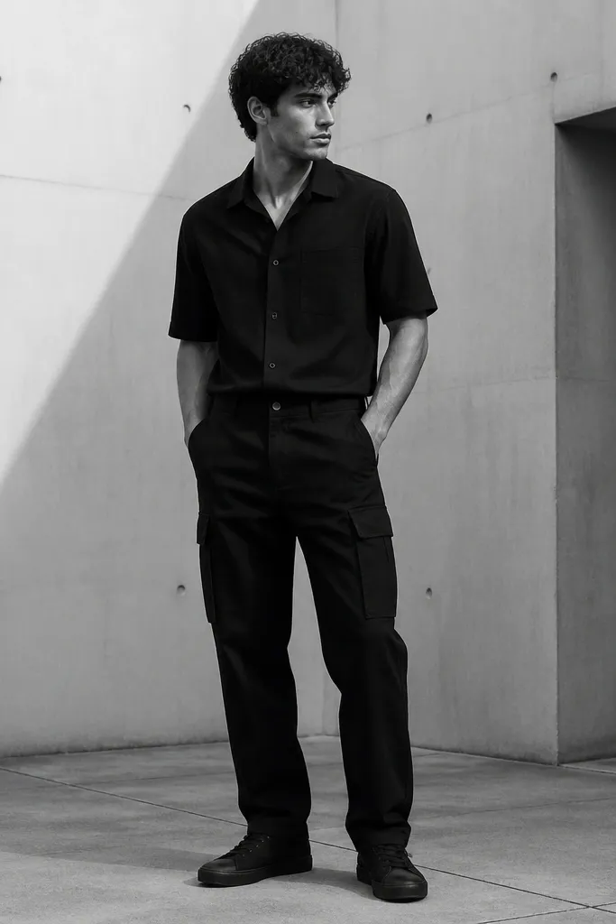 A monochrome look: black cargo pants with a black short-sleeve button-up shirt, tucked neatly at the front, wearing black low-profile sneakers.