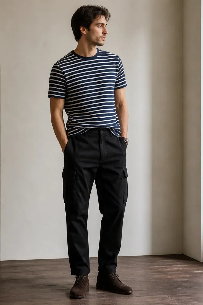 Black cargo pants with a navy-and-white striped tee tucked at the front, styled with suede chukka boots in dark brown.