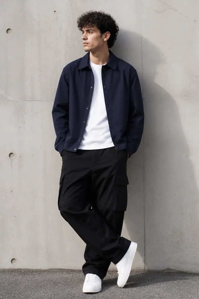 Black cargo pants worn with a navy coach jacket, white T-shirt underneath, and white sneakers.