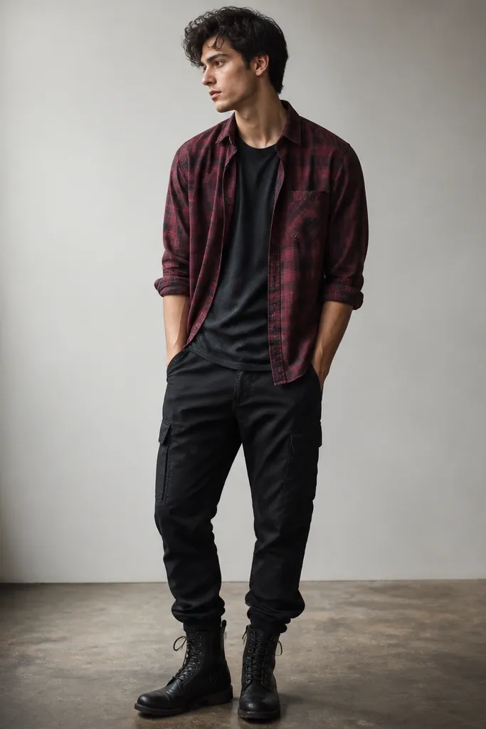 Black cargo pants with a burgundy plaid flannel shirt, sleeves rolled, worn slightly open over a dark tee, paired with black combat boots.