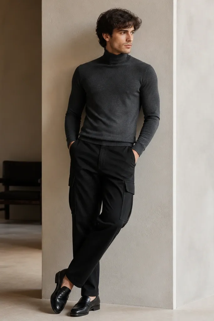 Black cargo pants paired with a fitted charcoal turtleneck sweater, styled with black leather loafers.