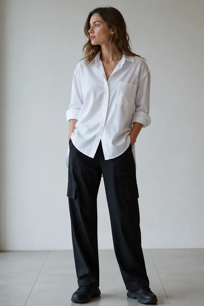 Black cargo pants with an oversized white button-down shirt worn untucked with sleeves rolled to the forearms, paired with black sneakers.