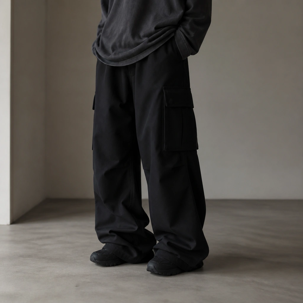 Black cargo pants pooling at the ankles over the shoes, with extra fabric gathered around the sock line; the shoes look partially swallowed by the hem.