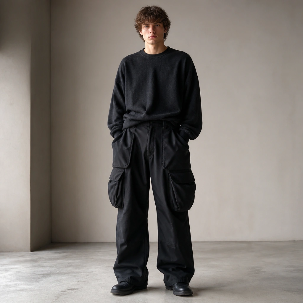A full-body photo of black cargo pants where the front pockets and side cargo panels puff outward noticeably; the top is also bulky and tucked loosely.