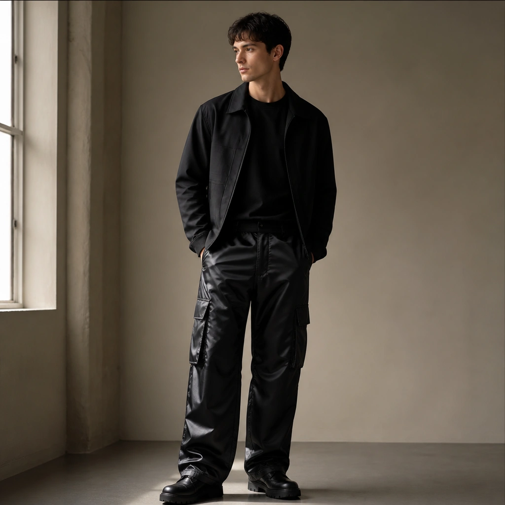 Black cargo pants with a noticeable sheen under light, styled with a matte black tee and matte black jacket; the pants reflect more than the rest.