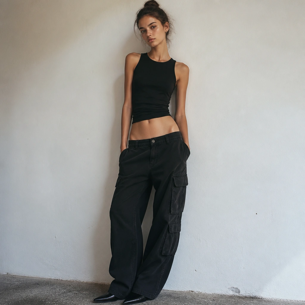 Black cargo pants sit low on the hips, with a long gap of shirt showing above the waistband; the outfit emphasizes torso length.