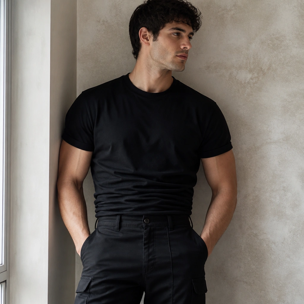 A tightly tucked black tee into black cargo pants, creating a thick horizontal fold line at the waist; the fabric looks bunched.