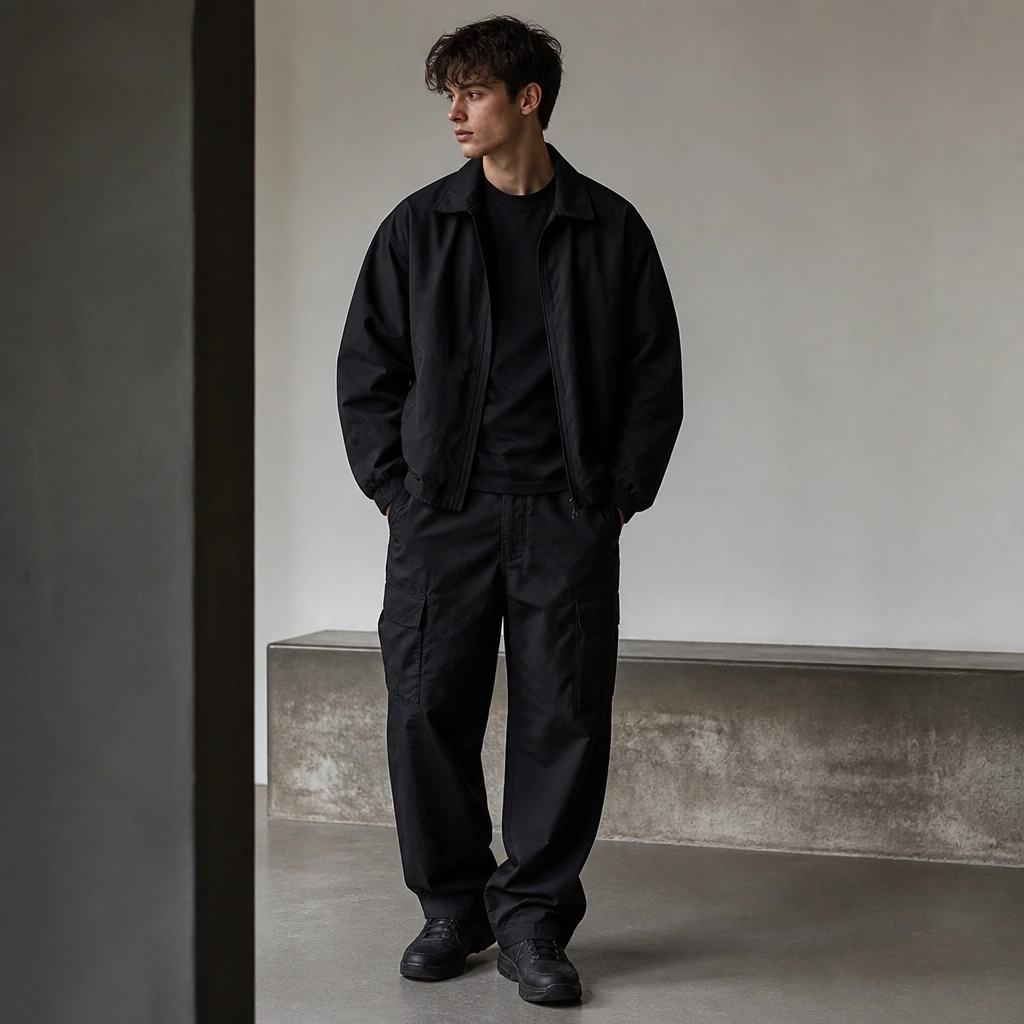A monochrome all-black outfit where the tee, jacket, and cargo pants all look similar in texture and sheen; the silhouette blends into one block.